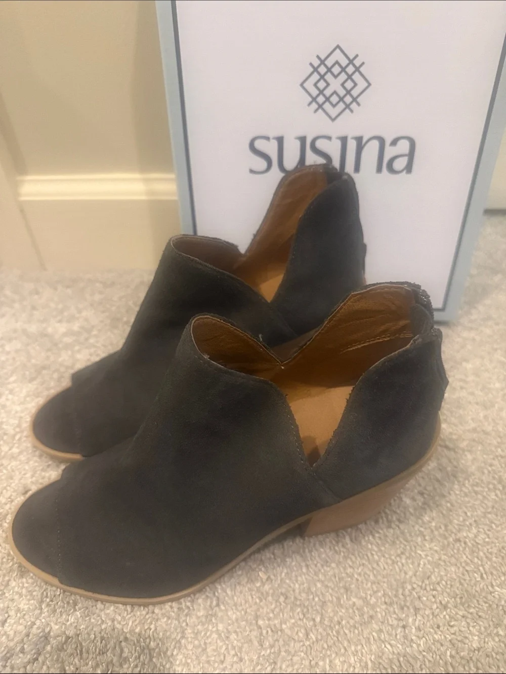 Susina Black Suede Open-Toe V-Cut Block Heel Booties